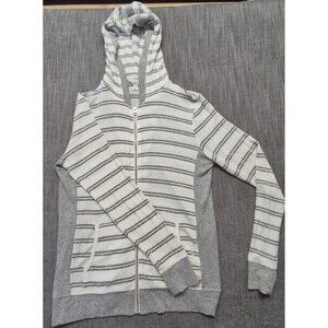 Market & Spruce Women's Striped full Zip Hooded Sweater Gray White Medium Pocket